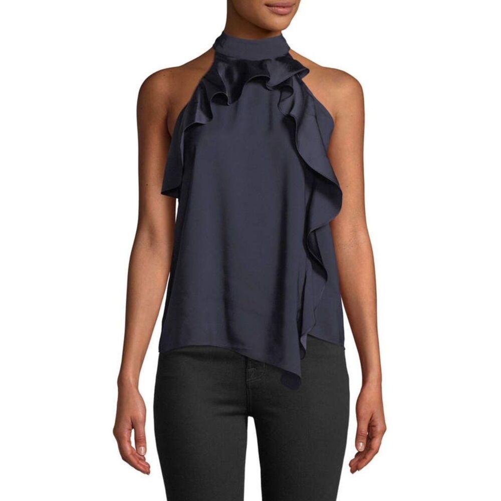PARKER Navy Blue Ruffle Front Keyhole Back Halter Top, Sz XS